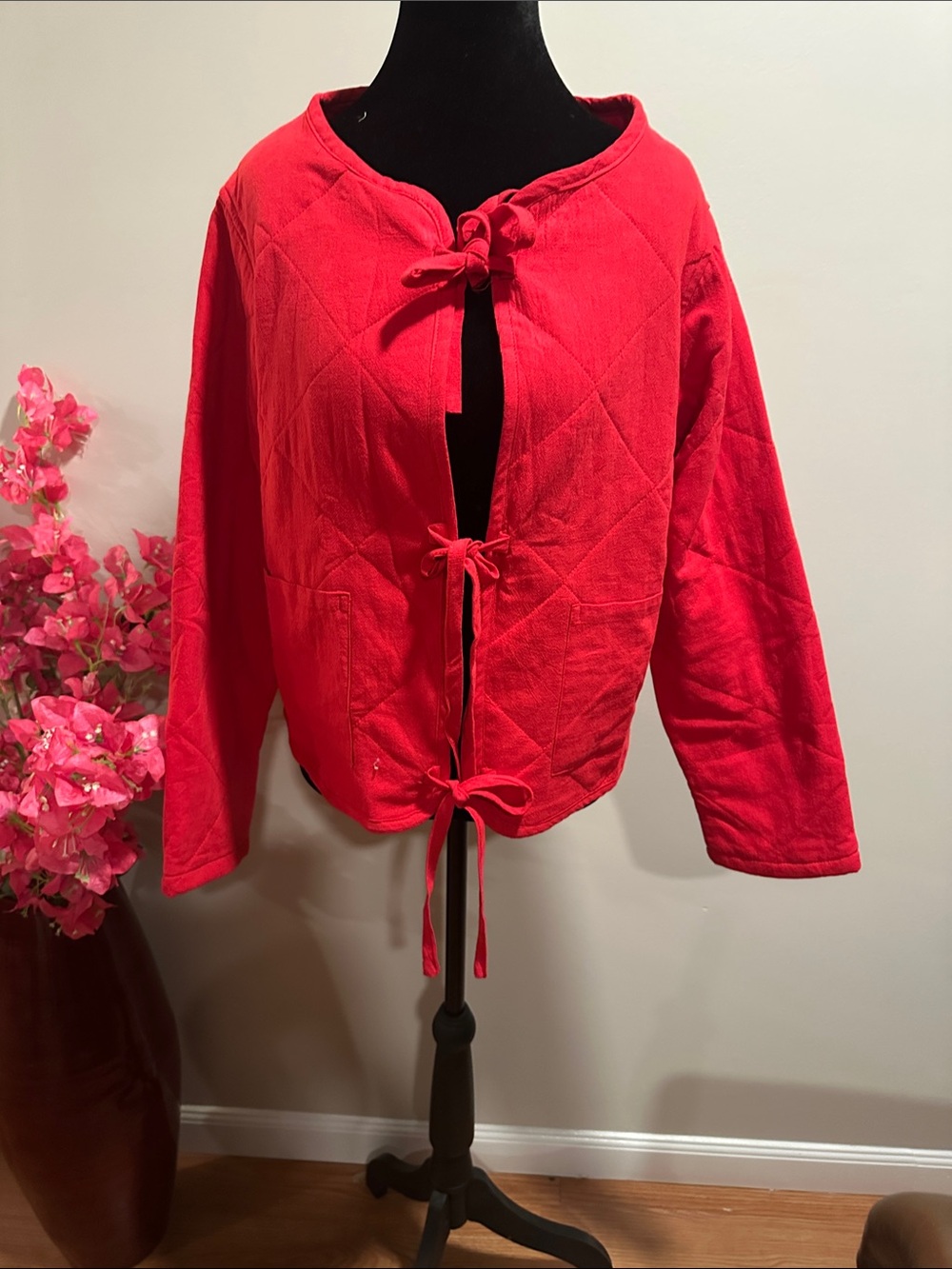 Bright Red Tie-Front Quilted Jacket